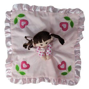 Cracker Barrel Girl Doll Lovey Plush Pink Heart Flower Satin Rattle Brown Hair